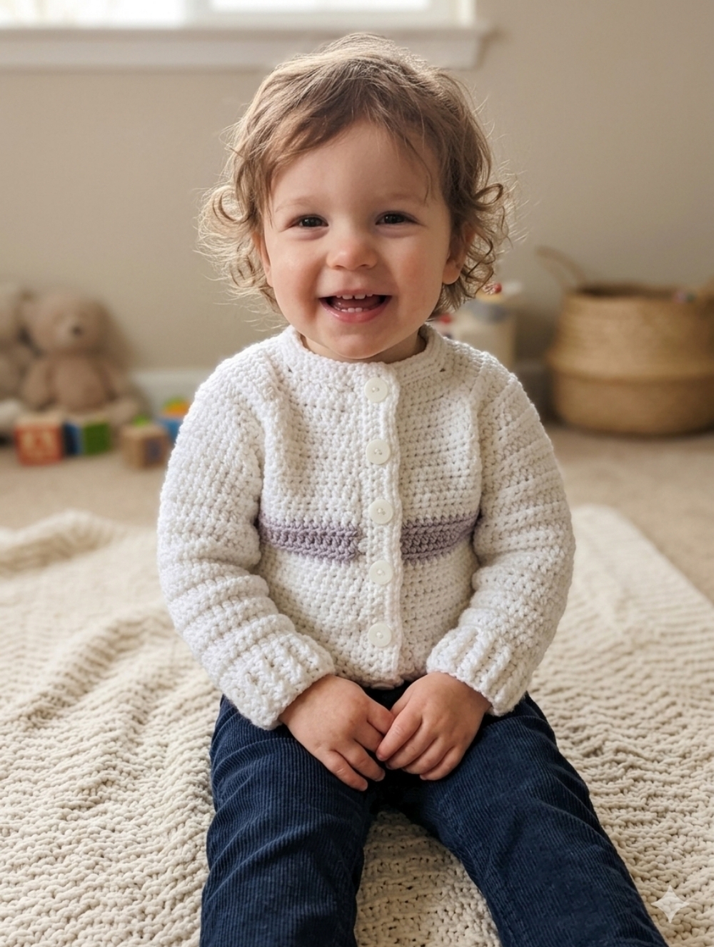 Handmade Crochet Baby Cardigan - White with Lavender Stripe - Toddler Sweater